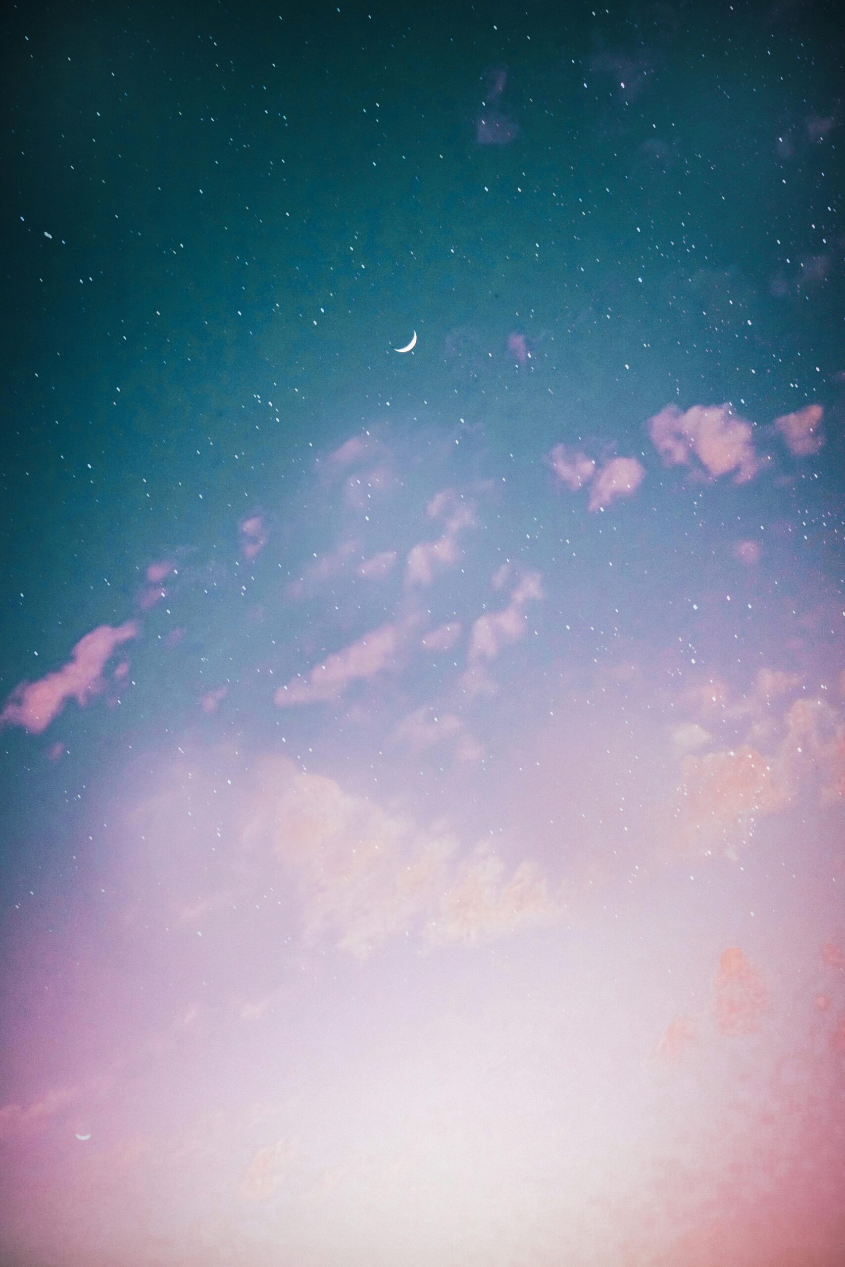 A serene night sky featuring a crescent moon and twinkling stars in pastel hues.